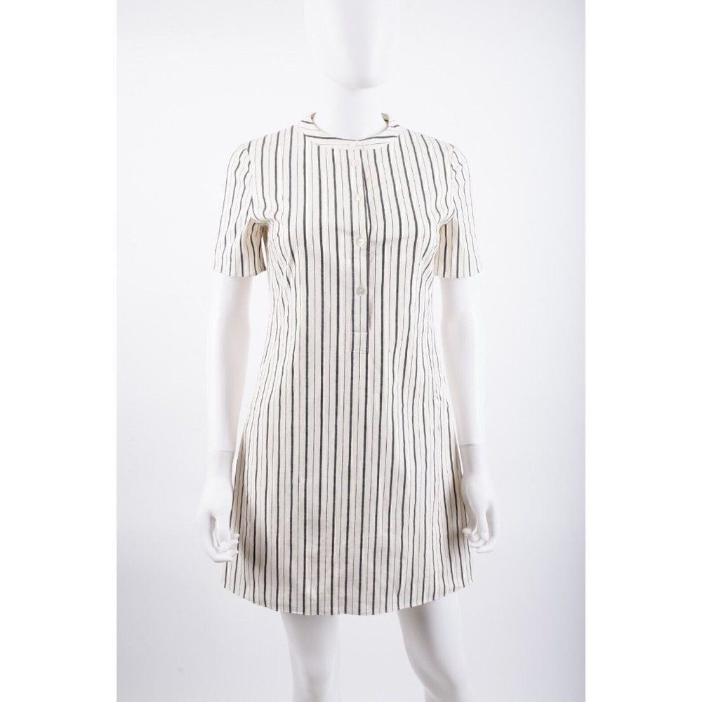 Theory Womans Trapeze Dress Size 0 P Blue Stripe Shift Cotton Linen Blend NWT